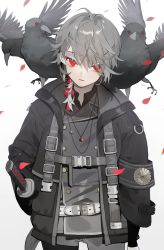 Rule 34 | 1boy, ahoge, animal, animal on shoulder, arm at side, armband, belt, bird, bird on shoulder, black jacket, black shirt, buckle, buttons, collared shirt, cowboy shot, crow, double-breasted, gem, grey hair, grey jacket, grey pants, grey theme, hair over one eye, hair ribbon, highres, jacket, jewelry, karo (karohroka), katana, layered clothes, long sleeves, looking at viewer, male focus, necklace, open clothes, open jacket, original, pants, parted lips, pendant, petals, red eyes, red gemstone, red ribbon, ribbon, scabbard, sheath, shirt, simple background, snap-fit buckle, spot color, swept bangs, sword, weapon, white background, wide sleeves, wind