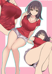 Rule 34 | 1girl, ass, blouse, breasts, brown eyes, cleavage, full body, glowing, hair between eyes, hand in own hair, highres, itsuwa, knees together feet apart, large breasts, legs, loose clothes, loose shirt, multiple views, purple hair, red shirt, salad tokutaro, shirt, short shorts, shorts, simple background, sitting, smile, thighs, toaru majutsu no index, upshorts