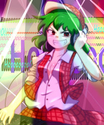 Rule 34 | 1girl, baseball cap, breasts, cleavage, dj, dress, female focus, green hair, grin, hat, headphones, highres, kazami yuuka, konokiya, open clothes, open shirt, phonograph, plaid, plaid skirt, plaid vest, red eyes, shirt, skirt, skirt set, sleeves pushed up, small breasts, smile, solo, sweat, touhou, turntable, unbuttoned, vest