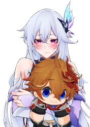 Rule 34 | 1girl, absurdres, bare shoulders, blush, bridal gauntlets, character doll, commentary, english commentary, genshin impact, grey hair, hair ornament, highres, holding, long hair, long xue, looking at viewer, purple eyes, skirk (genshin impact), tartaglia (genshin impact), upper body, very long hair
