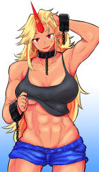 Rule 34 | 1girl, abs, absurdres, arm up, belly, biceps, black tank top, blonde hair, breasts, chain, clothes lift, collar, commentary request, cuffs, denim, denim shorts, earrings, facial tattoo, fang, fugaku (miko no miyatsuguchi), gradient background, hand in own hair, highres, horns, hoshiguma yuugi, jewelry, large breasts, long hair, looking at viewer, midriff, muscular, muscular female, no bra, pointy ears, red eyes, shackles, shirt lift, short shorts, shorts, simple background, single horn, solo, star (symbol), star tattoo, tank top, tattoo, touhou, underboob