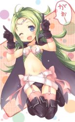 Rule 34 | 1girl, ;d, ahoge, belt, black footwear, black gloves, blue eyes, blush, boots, bow, cape, circlet, collarbone, fang, fire emblem, fire emblem awakening, flat chest, garter straps, gloves, green hair, heart, highres, knee boots, long hair, midriff, navel, nintendo, nowi (fire emblem), one eye closed, open mouth, pink thighhighs, pointing, pointy ears, revision, smile, solo, thigh boots, thigh gap, thighhighs, wink, yamasan