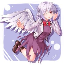 Rule 34 | 1girl, aka tawashi, belt boots, boots, bow, bowtie, braid, breasts, brooch, brown footwear, collared shirt, commentary request, cropped jacket, feathered wings, full body, highres, jacket, jewelry, kishin sagume, long sleeves, looking at viewer, medium breasts, one eye closed, open clothes, open jacket, purple shirt, purple skirt, red bow, red bowtie, red eyes, shirt, silver hair, single wing, skirt, skirt set, solo, touhou, white wings, wing collar, wings