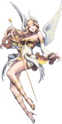 Rule 34 | 1girl, alternate costume, blonde hair, blue eyes, breasts, chaos online, feathered wings, full body, head wings, high heels, highres, long hair, long legs, looking at viewer, love cacao, official art, parted lips, sheryl (chaos online), smile, solo, sword, transparent background, weapon, white wings, wings