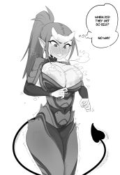Rule 34 | absurdres, blush, breasts, cleavage, demon girl, embarrassed, flinch, gs16 (chug), high ponytail, highres, horns, jourjii, large breasts, looking at breasts, looking down, medium hair, monochrome, motion lines, nipple slip, nipples, original, ponytail, pulling own clothes, skin tight, surprised, sweat, tail, unusual pupils, zero suit, zipper