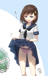 Rule 34 | 1girl, black neckerchief, blue eyes, blue skirt, brown hair, clothes lift, commentary request, crescent, crescent hair ornament, electric fan, fanning crotch, hair ornament, highres, hot, lifting own clothes, medium hair, navel, neckerchief, nekozuki yuki, open mouth, original, panties, pink panties, pleated skirt, polka dot, polka dot panties, school uniform, serafuku, short sleeves, signature, skirt, skirt lift, solo, sweat, underwear