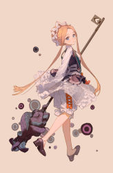 Rule 34 | 1girl, abigail williams (fate), absurdres, bad id, bad twitter id, black footwear, black vest, blonde hair, bloomers, blue eyes, bow, braid, brown background, ciloranko, closed mouth, commentary request, crown braid, fate/grand order, fate (series), from side, full body, green sash, heart, high heels, highres, holding, holding key, key, light smile, long sleeves, looking at viewer, looking to the side, no socks, orange bow, oversized object, parted bangs, pumps, sash, shirt, sidelocks, simple background, skirt, sleeves past fingers, sleeves past wrists, smile, solo, suction cups, tentacles, underwear, vest, white shirt, white skirt