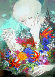 Rule 34 | 1boy, 1other, bird of paradise flower, black shirt, blue flower, closed eyes, closed mouth, commentary request, flower, flower request, green background, grey background, hand on another&#039;s cheek, hand on another&#039;s face, holding hands, interlocked fingers, kaneki ken, koujima shikasa, male focus, purple flower, red flower, shirt, short hair, solo focus, tokyo ghoul, white flower, yellow flower