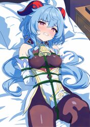 Rule 34 | 1girl, absurdres, ahoge, arms behind back, bare shoulders, bdsm, bell, blue hair, blush, bodystocking, bondage, bound, bound arms, bound wrists, breasts, crotch rope, detached sleeves, ganyu (genshin impact), genshin impact, gloves, goat horns, hair between eyes, highres, horns, kemonya777, leotard, leotard under clothes, long hair, looking at viewer, medium breasts, neck bell, on bed, pantyhose, purple eyes, restrained, rope, shibari, shibari over clothes, sidelocks, solo, white sleeves