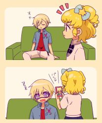 Rule 34 | 1boy, 1girl, 5.5, blonde hair, blue jacket, border, bow, brother and sister, commentary request, couch, facing away, hair bow, holding, holding phone, idol time pripara, jacket, long sleeves, multiple views, notice lines, on couch, open mouth, pants, phone, prank, pretty series, pripara, profile, purple eyes, red shirt, shirt, short hair, siblings, sitting, sleep mask, sleeping, sleeping upright, taking picture, translation request, two side up, upper body, white pants, yellow border, yumekawa shogo, yumekawa yui