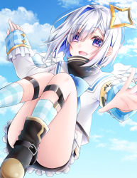 Rule 34 | 1girl, :d, amane kanata, armband, black footwear, black skirt, blue bow, blue hair, blue sky, boots, bow, cloud, commentary request, convenient censoring, day, feathered wings, frilled skirt, frills, hair between eyes, highres, hololive, jacket, knees up, long sleeves, looking at viewer, mini wings, multicolored hair, open mouth, outdoors, plaid, plaid legwear, purple eyes, ringouulu, silver hair, single hair intake, skirt, sky, sleeves past wrists, smile, socks, solo, two-tone hair, virtual youtuber, white jacket, white wings, wings