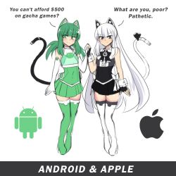 Rule 34 | 2girls, android (mascot), android (os), animal ears, apple inc., arms at sides, blouse, blunt bangs, cat ears, cat girl, cat tail, full body, green hair, highres, holding hands, long hair, merryweather, multiple girls, original, os-tan, shirt, sleeveless, sleeveless shirt, smile, smug, tail, thighhighs, very long hair, white legwear