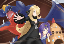 Rule 34 | 2girls, :3, acerola (pokemon), age difference, armlet, black coat, black pants, blonde hair, breasts, brown background, cleavage, clenched hands, closed mouth, coat, collarbone, creatures (company), cynthia (pokemon), dress, fur-trimmed coat, fur collar, fur trim, game freak, garchomp, gen 4 pokemon, gen 7 pokemon, grey eyes, hair ornament, hair over one eye, highres, long hair, looking at viewer, multiple girls, nintendo, palossand, pants, pokemon, pokemon (creature), pokemon dppt, pokemon move, pokemon sm, purple hair, sandstorm (pokemon), shirogane (shirogane eishi), smile, stitches, topknot, very long hair