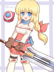 Rule 34 | 1girl, bare shoulders, belt, blonde hair, blue belt, blue eyes, blush, boots, bow, braid, braided ponytail, breasts, brown gloves, character name, cleavage, dot nose, facing viewer, feet out of frame, gloves, hair bow, humarl, large breasts, long hair, looking at viewer, phantasy star, phantasy star zero, red bow, ry (yagoyago), sega, smile, solo, standing, sword, tagme, thighhighs, thighhighs under boots, weapon