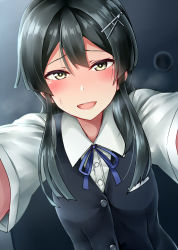 Rule 34 | 10s, 1girl, black hair, blue ribbon, blush, breasts, buttons, collared shirt, hair between eyes, hair ornament, hairclip, highres, kamelie, kantai collection, lips, long hair, looking at viewer, neck ribbon, open mouth, oyashio (kancolle), pov, ribbon, school uniform, shirt, short sleeves, small breasts, solo, sweatdrop, upper body, vest, white shirt