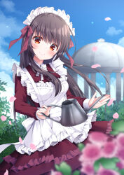 Rule 34 | 1girl, apron, black hair, blue sky, blurry, blurry foreground, breasts, cloud, collared dress, commentary request, day, depth of field, dress, floating hair, flower, frilled apron, frilled dress, frills, fujikura ryuune, hair between eyes, head tilt, holding, long hair, maid, maid apron, maid headdress, original, outdoors, petals, purple dress, purple flower, purple rose, red eyes, rose, sky, small breasts, solo, very long hair, watering can, white apron