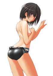 Rule 34 | 1girl, amagami, ass, back, bare back, black hair, blush, brown eyes, clothes pull, competition swimsuit, covering privates, covering breasts, cowboy shot, from side, looking back, nanasaki ai, one-piece swimsuit, one-piece swimsuit pull, one-piece tan, sasaki akira (ugc), shiny clothes, short hair, simple background, solo, swimsuit, tan, tanline, undressing, white background