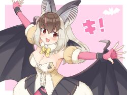 Rule 34 | 1girl, animal ears, bat ears, bat girl, bat wings, brown eyes, brown hair, brown long-eared bat (kemono friends), commentary, elbow gloves, extra ears, fingerless gloves, gloves, grey hair, highres, kemono friends, kemono friends v project, leotard, long hair, looking at viewer, microphone, pantyhose, pink background, shiraha maru, simple background, skirt, solo, symbol-only commentary, virtual youtuber, wings