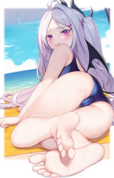 Rule 34 | 1girl, absurdres, ahoge, ass, bare legs, bare shoulders, barefoot, beach, beach umbrella, blue archive, blue sky, blush, cameltoe, cloud, commentary request, day, demon horns, feet, from behind, groin, hair ornament, hairclip, halo, highres, hina (blue archive), hina (swimsuit) (blue archive), horizon, horns, long hair, looking at viewer, looking back, lying, multiple horns, on side, outdoors, parted bangs, purple eyes, sand, school swimsuit, sky, soles, solo, sweat, sweatdrop, swimsuit, toes, umbrella, umihal, water, white hair