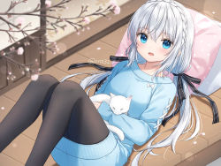 Rule 34 | 1girl, :d, animal, anz32, black bow, black pantyhose, blue eyes, blue sweater, bow, braid, branch, breasts, cat, commentary request, crown braid, dress, feet out of frame, flower, hair between eyes, hair bow, knees up, long hair, long sleeves, looking at viewer, lying, on back, open mouth, original, pantyhose, petals, pillow, pink flower, polka dot, polka dot pillow, silver hair, sleeves past wrists, small breasts, smile, solo, sweater, sweater dress, twitter username, very long hair, white bow, white cat