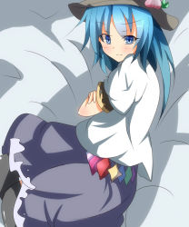 Rule 34 | 1girl, blouse, blue eyes, blue hair, crossed legs, female focus, food, fruit, hat, highres, hinanawi tenshi, izayoi wasawo, leaf, long hair, looking at viewer, lying, matching hair/eyes, on side, peach, pout, shirt, short sleeves, sitting, skirt, solo, thighhighs, touhou