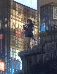 Rule 34 | 1girl, absurdres, arknights, black jacket, black shorts, blue hair, ch&#039;en (arknights), city lights, cityscape, commentary, dragon girl, dragon horns, dragon tail, franlol, hair ornament, highres, holding, holding sword, holding weapon, horns, jacket, katana, medium hair, night, red eyes, shin guards, shorts, solo, standing, sword, tail, weapon