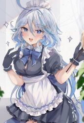 Rule 34 | 1girl, ahoge, alternate costume, apron, black dress, black gloves, blue bow, blue bowtie, blue bra, blue eyes, blue hair, blurry, bow, bowtie, bra, bra peek, breasts, button gap, depth of field, doyagao, dress, drop-shaped pupils, enmaided, frilled apron, frills, furina (genshin impact), furrowed brow, genshin impact, gloves, hair between eyes, hair ornament, hairclip, hands up, heterochromia, highres, light blue hair, long hair, looking at viewer, maid, maid apron, maid headdress, maruro, medium breasts, mismatched pupils, multicolored hair, plant, potted plant, puffy short sleeves, puffy sleeves, short sleeves, smug, solo, streaked hair, symbol-shaped pupils, underwear, upper body, waist apron, wavy hair, white headdress