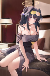 Rule 34 | 1girl, alternate costume, animal ears, bare shoulders, bed, black hair, blue archive, blue eyes, blush, breasts, bright pupils, cleavage, closed mouth, dog ears, dog girl, dog tail, dress, eyewear on head, halo, hibiki (blue archive), highres, indoors, lamp, large breasts, long hair, looking at viewer, nail polish, off-shoulder dress, off shoulder, on bed, pillow, ru zhai, sidelocks, sitting, smile, solo, strapless, strapless dress, tail, thighs, w, white pupils