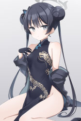 Rule 34 | 1girl, absurdres, bare shoulders, black dress, black gloves, black hair, blue archive, blush, breasts, butterfly hair ornament, china dress, chinese clothes, closed mouth, coat, double bun, dragon print, dress, gloves, grey background, grey eyes, hair bun, hair ornament, highres, kisaki (blue archive), long hair, looking at viewer, off shoulder, open clothes, open coat, pelvic curtain, sasado serori, simple background, sitting, sleeveless, sleeveless dress, small breasts, solo, twintails, very long hair