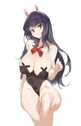 Rule 34 | 1girl, absurdres, animal ears, aqua pupils, atorosu, black hair, bow, closed mouth, collarbone, covered erect nipples, covered navel, fake animal ears, grey background, highres, long hair, looking at viewer, original, red bow, red eyes, simple background, sketch, skindentation, solo