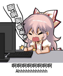 Rule 34 | 1girl, bow, chibi, chinese commentary, chinese text, closed eyes, commentary request, computer, english text, fujiwara no mokou, hair between eyes, hair bow, jokanhiyou, keyboard (computer), long hair, open mouth, pink hair, puffy short sleeves, puffy sleeves, shirt, short sleeves, simple background, solo, suspenders, touhou, translation request, v-shaped eyebrows, white background, white bow, white shirt