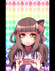 Rule 34 | 1girl, blunt bangs, bow, braid, brown hair, closed mouth, commentary request, etra-chan wa mita!, etra (etra-chan wa mita!), hair bow, highres, ine-00, long hair, looking at viewer, pink bow, red eyes, smile, solo, virtual youtuber