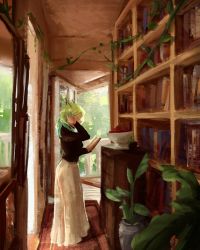 Rule 34 | 1girl, book, bookshelf, branch, breasts, ceres fauna, food, fruit, green hair, hand in own hair, highres, hololive, hololive english, horns, indoors, jar, koicoyart, large breasts, leaf, long skirt, medium hair, nature, painting (medium), plant, potted plant, railing, reading, rug, see-through, see-through skirt, shelf, skirt, standing, traditional media, vines, virtual youtuber, wavy hair