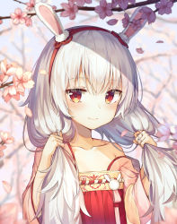 Rule 34 | 1girl, animal ears, azur lane, bare shoulders, blurry, blush, branch, bunching hair, cherry blossoms, closed mouth, collarbone, depth of field, fake animal ears, flat chest, flower, hairband, hands up, highres, japanese clothes, laffey (azur lane), laffey (white rabbit welcomes the spring) (azur lane), long hair, looking at viewer, low twintails, lunyaria, off shoulder, petals, pink flower, rabbit ears, red eyes, smile, solo, twintails, upper body, white hair