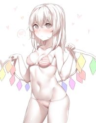 Rule 34 | 1girl, bad id, bad twitter id, bare arms, bare legs, bare shoulders, bikini, blonde hair, blush, breasts, closed mouth, collarbone, colored skin, covered erect nipples, cowboy shot, crystal, fingernails, flandre scarlet, green eyes, groin, hair between eyes, hair down, hands up, heart, highres, holding, kaerunoko, legs apart, looking at viewer, navel, short hair, simple background, sketch, skindentation, small breasts, solo, speech bubble, spoken blush, spread wings, standing, stomach, strap gap, striped bikini, striped clothes, swimsuit, touhou, white background, white skin, wing hold, wings