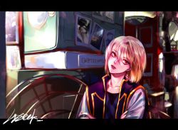Rule 34 | 1boy, blonde hair, crossed arms, expressionless, head tilt, highres, hunter x hunter, kurapika, letterboxed, male focus, parted lips, red eyes, short hair, solo, trap, wz (woyzeck)