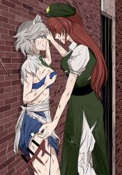 Rule 34 | 2girls, apron, ascot, baggy pants, beret, blood, blood on clothes, blood on face, blue eyes, braid, breasts, brick wall, chinese clothes, cleavage, closed mouth, collared shirt, expressionless, green ascot, green headwear, hand on own chest, hat, highres, holding hands, holster, hong meiling, injury, izayoi sakuya, knife, knife sheath, knife sheath, long hair, looking at another, maid, maid headdress, medium breasts, multiple girls, pants, pinned, puffy short sleeves, puffy sleeves, red hair, sash, sheath, shirt, short sleeves, silver hair, smile, soregashi (nobuyoshi-numa2), standing, thigh holster, thighs, torn apron, torn clothes, torn pants, touhou, twin braids, wall, white pants, white sash, wing collar, yuri