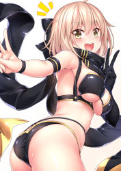 Rule 34 | 1girl, absurdres, ahoge, armband, ass, asymmetrical gloves, bikini, black bikini, black bow, black gloves, black legwear, black scarf, blonde hair, bow, breasts, butt crack, cleavage, fate/grand order, fate (series), gloves, hair between eyes, hair bow, highleg, highres, large breasts, looking at viewer, looking back, navel, okita j. souji (fate), okita j. souji (first ascension) (fate), okita souji (fate), okita souji (koha-ace), open mouth, scarf, short hair, simple background, single glove, smile, solo, standing, swimsuit, thigh strap, tongue, underboob, uneven gloves, v, wakagi repa, white background, yellow eyes