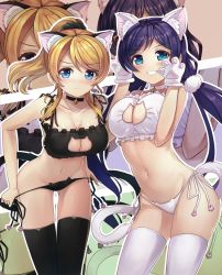 Rule 34 | 10s, 2girls, :|, alternate costume, animal ears, animal hands, ayase eli, bell, black legwear, black panties, blue eyes, blush, breasts, cat cutout, cat ear panties, cat ears, cat lingerie, cat tail, choker, cleavage, cleavage cutout, closed mouth, clothing cutout, eyebrows, fake animal ears, frills, gloves, grin, groin, hair ornament, hair scrunchie, jingle bell, large breasts, leaning forward, long hair, looking at viewer, love live!, love live! school idol project, low twintails, meme attire, motokonut, multiple girls, navel, neck bell, panties, panty pull, paw gloves, paw print, ponytail, pulled by self, purple hair, scrunchie, side-tie panties, smile, stomach, swept bangs, tail, thigh gap, thighhighs, tojo nozomi, twintails, underwear, underwear only, undressing, very long hair, white legwear, white panties, zoom layer