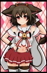 Rule 34 | 10s, 1girl, animal ears, bell, boots, brown hair, brown thighhighs, fumi (fumifumi-graffiti), gloves, hairband, highres, holmy (show by rock!!), horns, midriff, navel, red eyes, shirt, show by rock!!, skirt, smile, solo, thigh boots, thighhighs, white gloves, zettai ryouiki