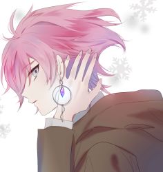 Rule 34 | 1boy, brown shirt, dear vocalist, ear piercing, earrings, facing to the side, grey hair, highres, jewelry, long sleeves, looking at viewer, male focus, nail polish, pale skin, piercing, pink hair, profile, ptping, re-o-do, shirt, snowflakes, solo, white background, white shirt