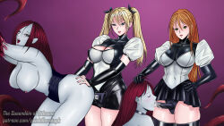 Rule 34 | 4girls, bad source, blonde hair, blue skin, breasts, colored skin, dildo, femdom, highres, large breasts, leather, monster girl, multiple girls, orange hair, painkillerakapk, red hair, sex toy, strap-on, tentacle girl, tentacles, the queendom of lithzena