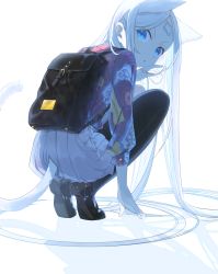 Rule 34 | 1girl, absurdres, animal ears, backlighting, backpack, bag, black pantyhose, blue eyes, brown footwear, cat day, cat ears, cat girl, cat tail, clothing cutout, facial mark, forehead mark, full body, gold trim, hand in own hair, highres, kunojou m+, long hair, looking back, original, pantyhose, shoes, simple background, skirt, solo, squatting, tail, tail through clothes, very long hair, white background, white hair, white skirt