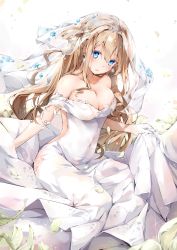 Rule 34 | 1girl, absurdres, bare shoulders, blonde hair, blue eyes, blush, breasts, bridal veil, bride, cleavage, closed mouth, clothes lift, collarbone, covered navel, crystal, day, dema hmw, dress, dress lift, earrings, girls&#039; frontline, glint, gloves, hair between eyes, hair ornament, half gloves, has bad revision, has downscaled revision, highres, jewelry, long hair, looking at viewer, md5 mismatch, medium breasts, off-shoulder dress, off shoulder, official alternate costume, one side up, outdoors, resolution mismatch, sidelocks, snowflake earrings, solo, source smaller, suomi (blissful mission) (girls&#039; frontline), suomi (girls&#039; frontline), tiara, veil, wedding dress, white dress, white gloves