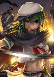 Rule 34 | 10s, 1girl, backlighting, belt pouch, blood, cape, ebizome, eyepatch, unworn eyepatch, fire, green eyes, green hair, hat, heterochromia, injury, japanese clothes, kantai collection, kimono, kiso (kancolle), kiso kai ni (kancolle), matching hair/eyes, midriff, navel, pouch, sailor collar, skirt, solo, sword, torn clothes, water, weapon, yellow eyes
