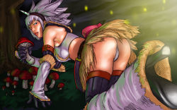 Rule 34 | 1girl, :o, all fours, armband, armor, armpits, ass, back, bandeau, belt, black gloves, black socks, blue eyes, boots, breasts, bug, capcom, crop top, detached sleeves, elbow gloves, fireflies, firefly, foreshortening, from behind, fur trim, gloves, glowing, hairband, high heels, holding, horns, insect, kirin (armor), kneehighs, large breasts, leg warmers, lips, lipstick, looking at viewer, looking back, makeup, midriff, monster hunter (series), on ground, open mouth, panties, pantyshot, pouch, shoes, short hair, single horn, sketch, skirt, socks, solo, spiked hair, strap, surprised, take (draghignazzo), thighhighs, underwear, white hair, white panties, white socks