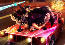 Rule 34 | 10s, 1girl, action, bad id, bad pixiv id, black nails, car, colored inner hair, doughnut, dress, explosion, fire, food, highres, hummer, long sleeves, looking back, minusion, motor vehicle, mouth hold, multicolored hair, nail polish, on one knee, on vehicle, panty &amp; stocking with garterbelt, see-through (psg), solo, stocking (psg), sword, thighhighs, vehicle, weapon