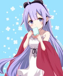 Rule 34 | 1girl, alternate costume, alternate hairstyle, aqua background, azur lane, blunt bangs, bow, bowtie, casual, coat, collarbone, commentary request, contemporary, covered mouth, dress, eyes visible through hair, floral background, food, hair down, hairband, head tilt, highres, holding, long hair, looking at viewer, open mouth, parted lips, popsicle, purple eyes, purple hair, red coat, sidelocks, simple background, solo, spaghetti strap, sukireto, unicorn (azur lane), unicorn (icy-sweet storytime) (azur lane), white dress