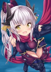 Rule 34 | 1girl, alternate costume, alternate hairstyle, armor, bad id, bad pixiv id, bare shoulders, black gloves, blush, bow, breasts, clothing cutout, cosplay, covered erect nipples, dragon horns, fate/grand order, fate (series), gloves, gluteal fold, groin, hair between eyes, hair ornament, heart, highres, horns, japanese clothes, katou danzou (fate), katou danzou (fate) (cosplay), kiyohime (fate), kiyohime (third ascension) (fate), kuji-in, leg up, leotard, long hair, looking at viewer, medium breasts, nijimoto hirok, ninja, open mouth, ponytail, red scarf, scarf, shiny skin, sideboob, sidelocks, smile, solo, thigh cutout, thighhighs, thighs, white hair, wind, wind lift, yellow bow, yellow eyes