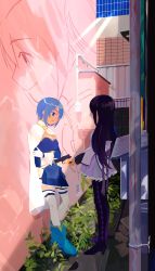 Rule 34 | 2girls, absurdres, against wall, aiming, akemi homura, alley, ankle boots, argyle, argyle clothes, argyle legwear, arm at side, back bow, balcony, belt, black hair, black pantyhose, blue belt, blue eyes, blue footwear, blue hair, blue skirt, boots, bow, breasts, cape, character print, closed mouth, commentary request, day, expressionless, facing away, facing viewer, frilled skirt, frills, from side, frown, full body, gloves, gun, hair over face, hand on own arm, handgun, happy, high collar, highres, holding, holding gun, holding weapon, industrial pipe, kaname madoka, leaf, leaning, leaning back, legs together, long hair, looking afar, looking at another, mahou shoujo madoka magica, mahou shoujo madoka magica (anime), medium breasts, mihifu, miki sayaka, multiple girls, neck ribbon, outdoors, outstretched hand, pantyhose, parted lips, pistol, plant, pleated skirt, pointing weapon, profile, purple ribbon, purple skirt, ribbon, shadow, short hair, skirt, smile, soul gem, standing, straight hair, strapless, sunlight, symbolism, talking, thighhighs, tile wall, tiles, twintails, ventilation shaft, wall, weapon, white cape, white gloves, white legwear